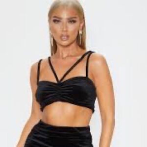 Pretty Little Thing Black Ruched Cross Back Velvet Crop Top